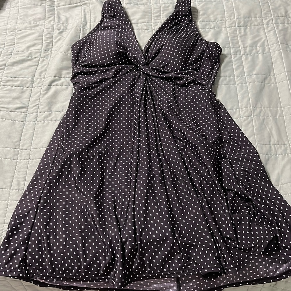 Miracle suit swim dress, black with white polkadots, size 14.